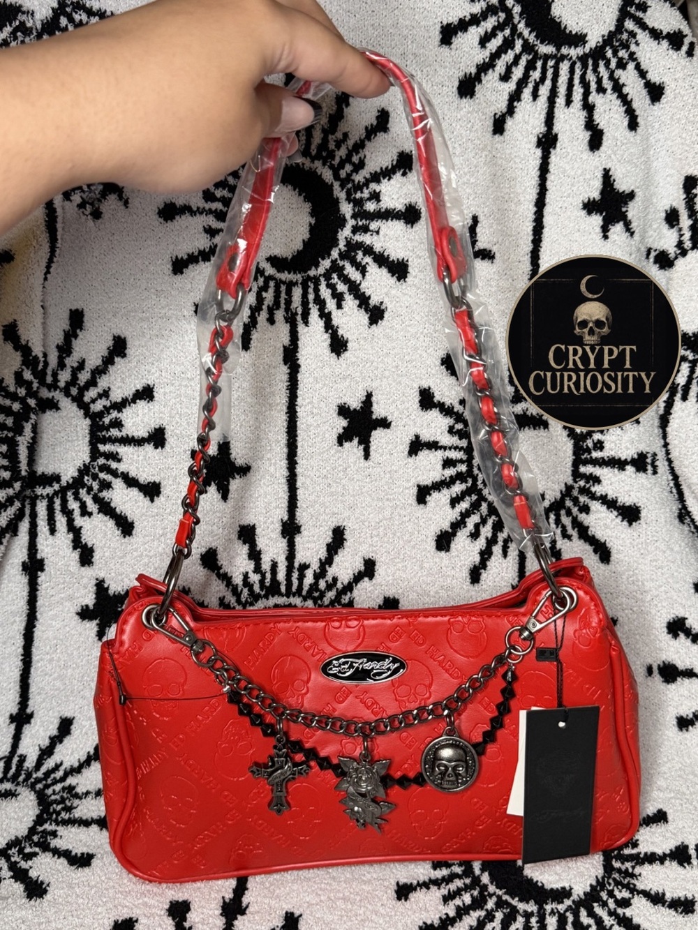 NWT Ed Hardy Red Embossed Skull Shoulder Bag with Chunky Charms